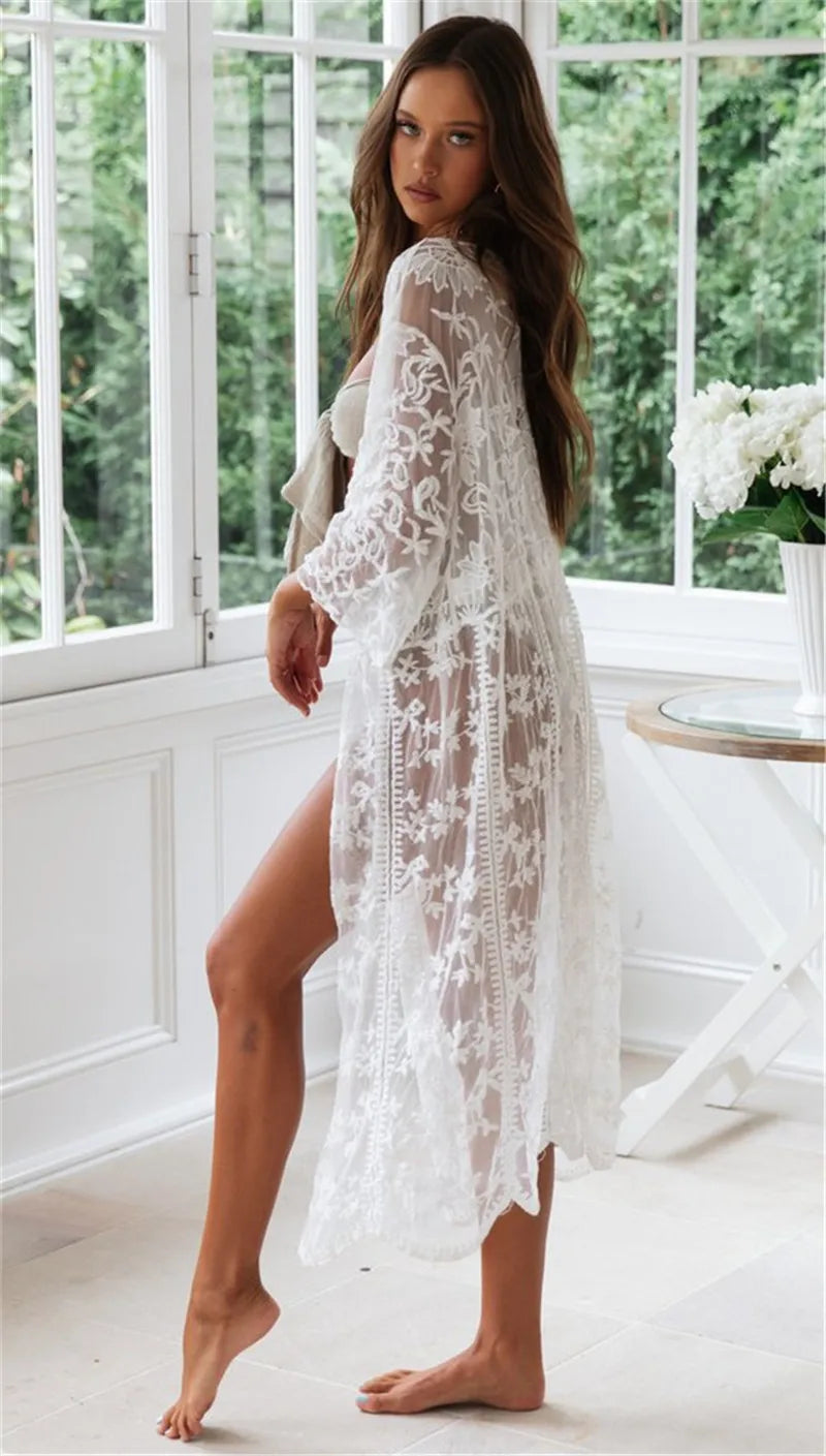 2024 Crochet White Knitted Beach Cover Up Dress Tunic Long Pareos Bikinis Cover Ups Swim Cover Up Robe Plage Beachwear