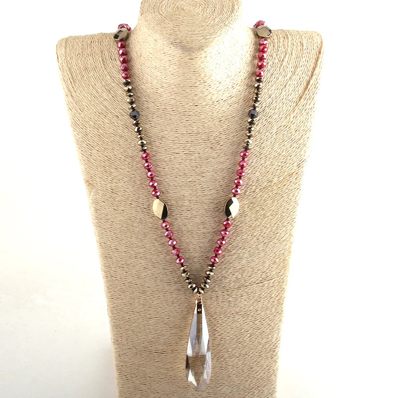 Fashion Bohemian Tribal Jewelry Crystal / Hematite Long Knotted Long Glass Drop Pendant Necklaces