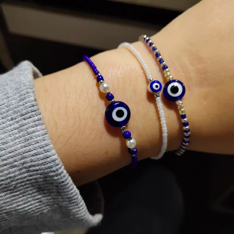 Lucky Handmade Vintage Rhinestone Palm Blue Evil Eye Pendant Link Chain Bracelet For Women Men Good Luck Bracelet Jewelry Gift