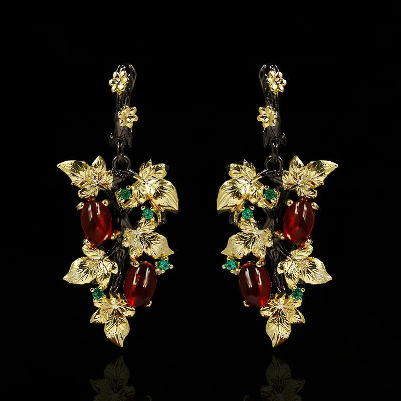 New Elegant Black Gold Ruby Pendant Flower Leaf 925 Silver Earrings Crystal Gemstone Ladies Jewelry Earrings Silver 925 Jewelry