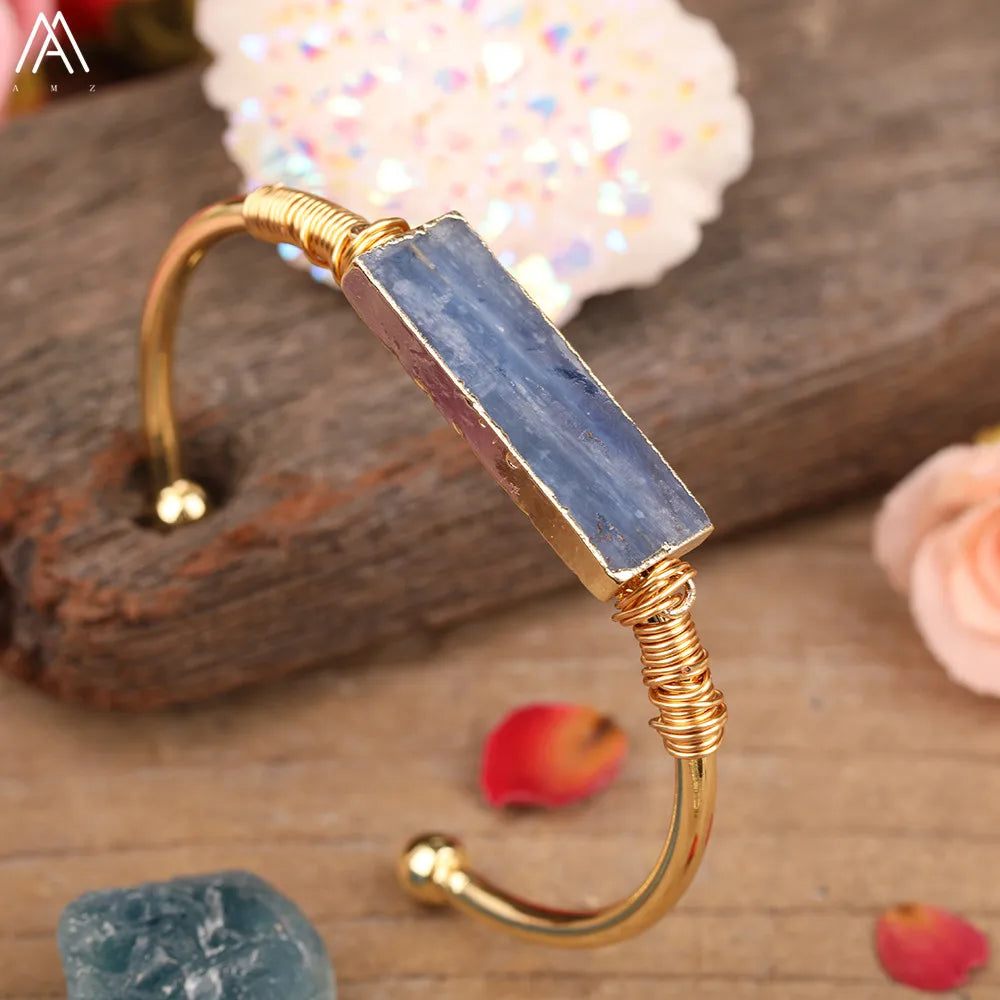 Natural Blue Kyanite Stone Open Bangle For Women High Quality Handmade Birthday Wedding Jewelry Gifts