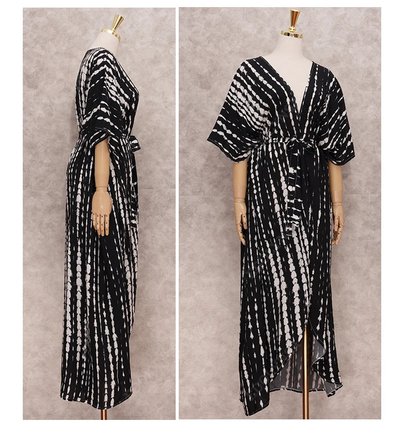 2023 Bikini Cover-ups Black Retro Striped Self Belted Women Summer Clothing Kimono Dress Beach Wear Swim Suit Cover Up Q1225