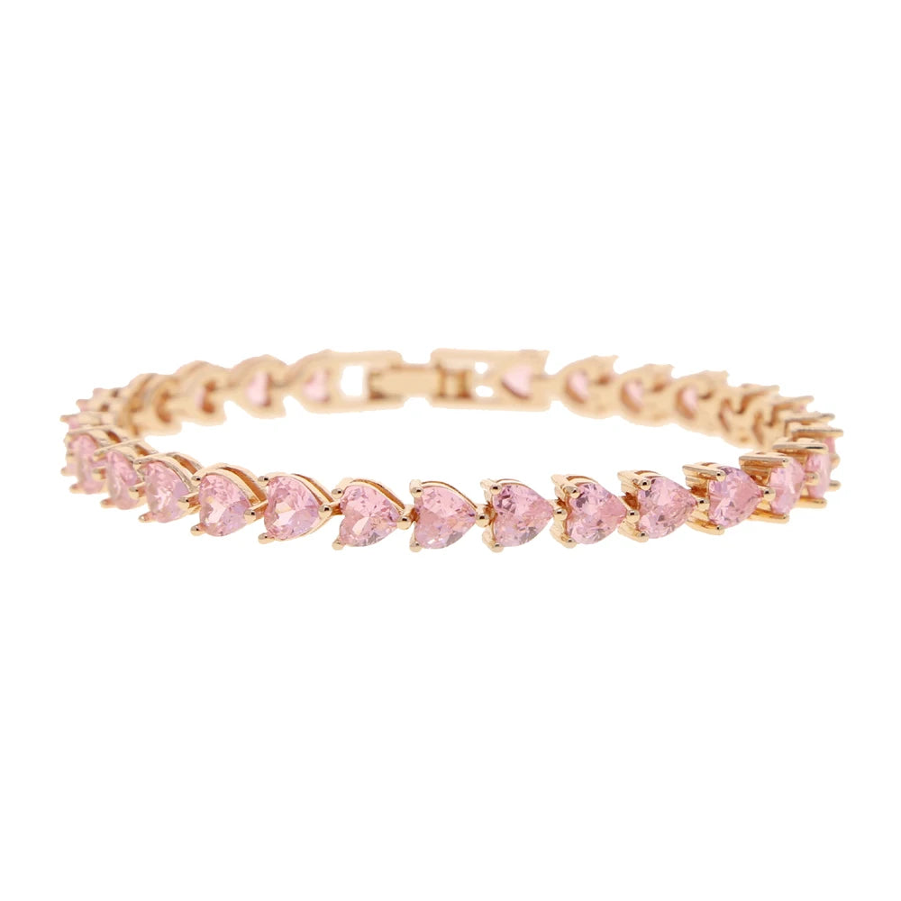 Iced Out Bling White Pink Heart Cubic Zirconia CZ Tennis Chain Bracelet 17cm 19cm 21cm Iced Out Bling Girlfriend Gift Jewelry