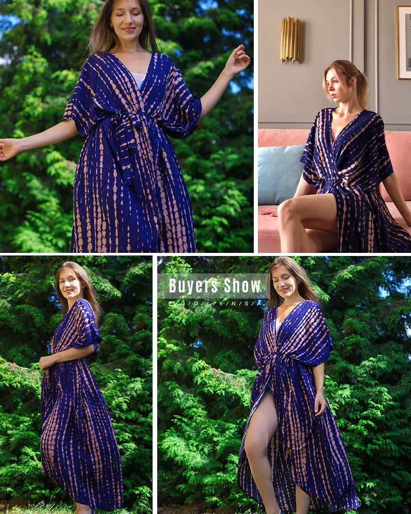 2023 Bikini Cover-ups Black Retro Striped Self Belted Women Summer Clothing Kimono Dress Beach Wear Swim Suit Cover Up Q1225