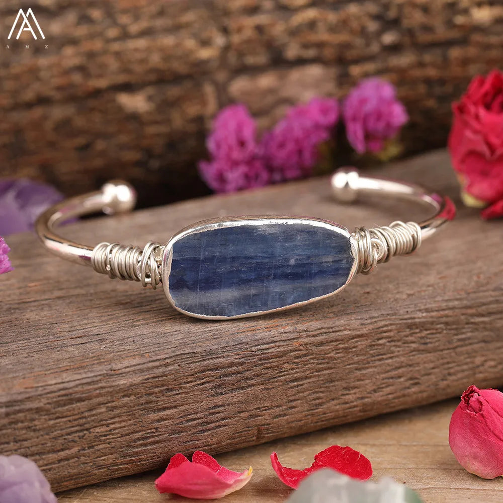 Natural Blue Kyanite Stone Open Bangle For Women High Quality Handmade Birthday Wedding Jewelry Gifts