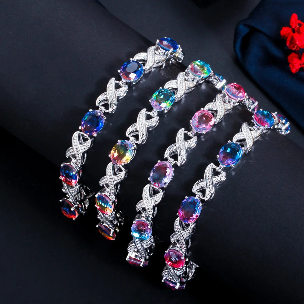 Pera Trendy Cross Oval Rainbow Cubic Zirconia Silver Color Tennis Chain Link Bracelet for Ladies Wedding Party Jewelry Gift B199