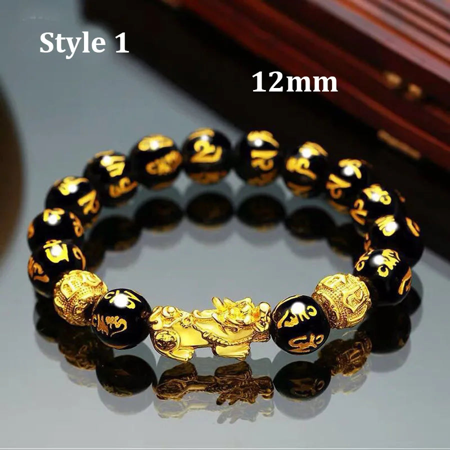 Feng Shui Obsidian Stone Beads Bracelet Wristband Gold Color Black Pixiu Wealth Good Luck Women Bracelet  Men Women Unisex