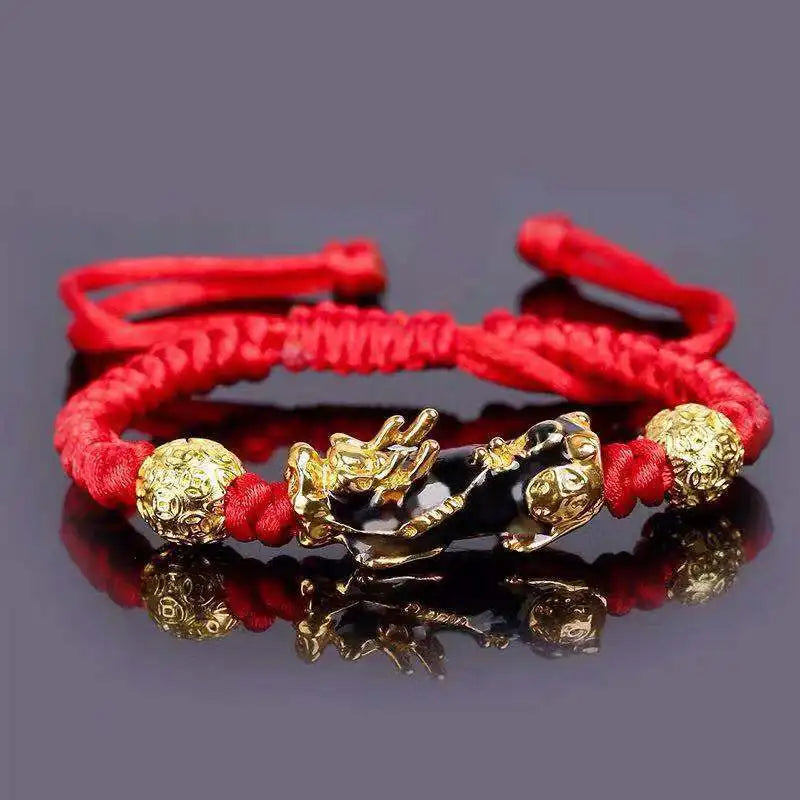 Feng Shui Obsidian Stone Beads Bracelet Wristband Gold Color Black Pixiu Wealth Good Luck Women Bracelet  Men Women Unisex