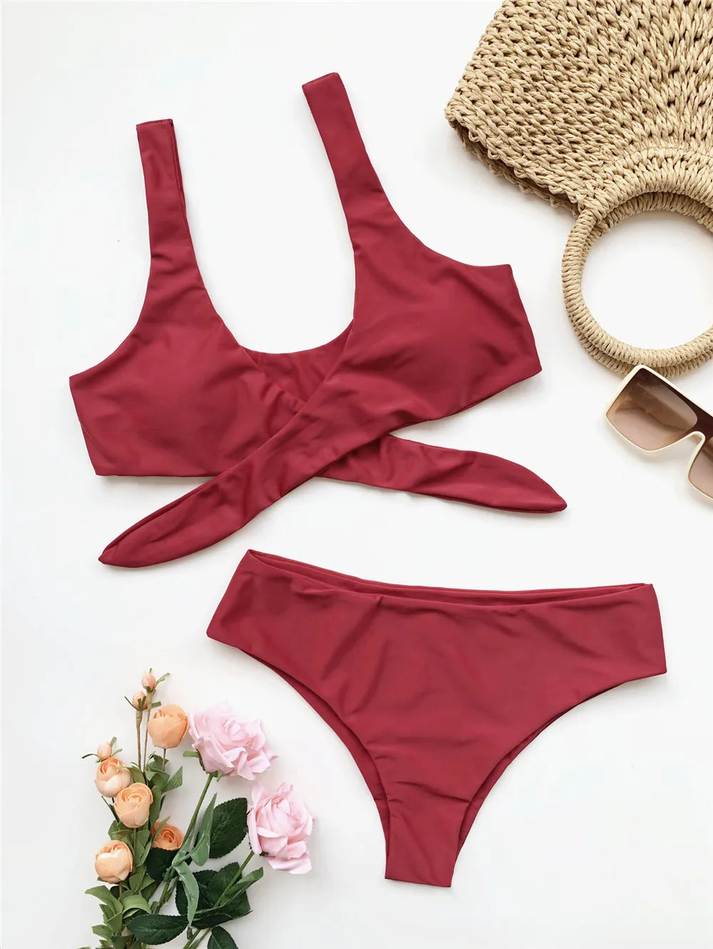Sexy Front Knotted Bikinis Female Swimsuit High Waist Bikini Women Swimwear Two-pieces Bikini Set Bather Bathing Suit Swim Lady