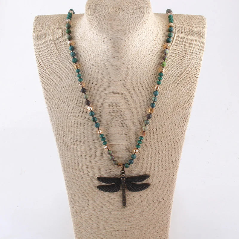 RH Fashion Bohemian Jewelry Accessory 6mm Stones/Crystal Knotted With Metal Retro Dragonfly Pendant Necklaces Women Boho Gift