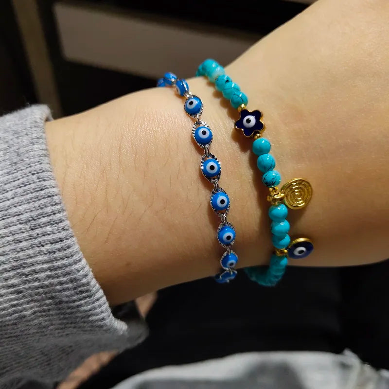 Lucky Handmade Vintage Rhinestone Palm Blue Evil Eye Pendant Link Chain Bracelet For Women Men Good Luck Bracelet Jewelry Gift