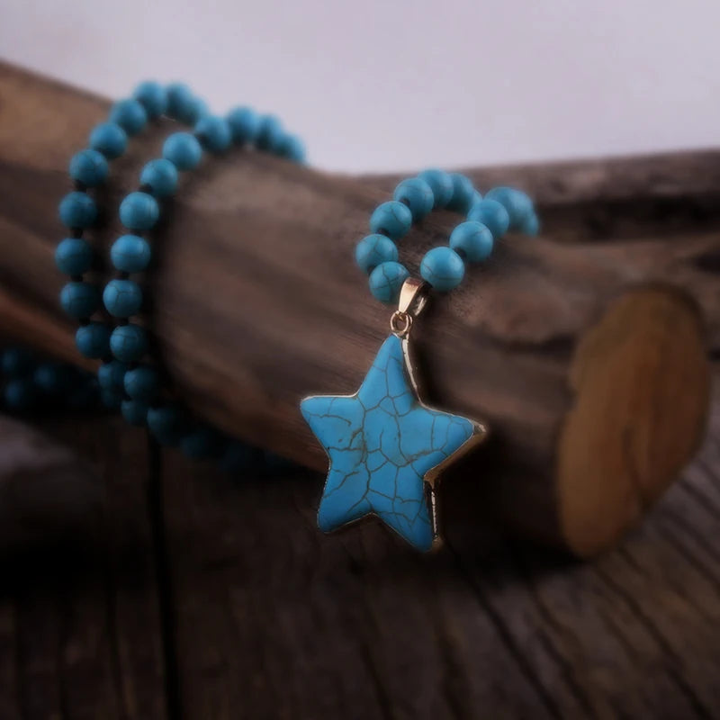 Fashion Bohemian Tribal Jewelry Turq/White Stone Long Knotted Pentagram Star Pendant Necklaces
