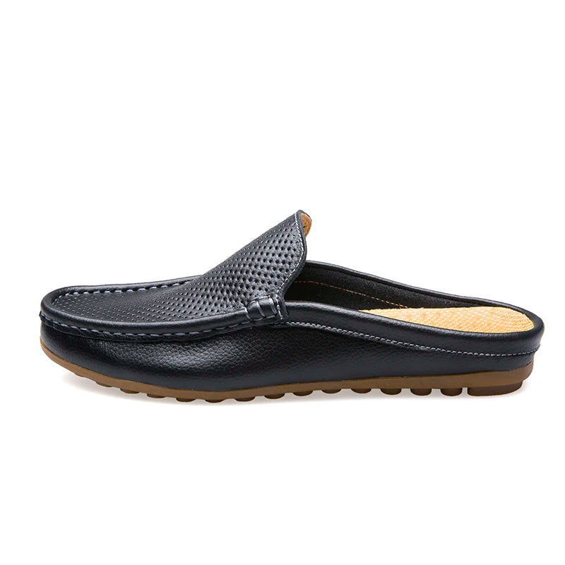 Summer Men's Shoes Casual Brand Mens Breathable Loafers Genuine Leather Half Slipper For Men Slip on Lazy Driving Shoe Moccasins
