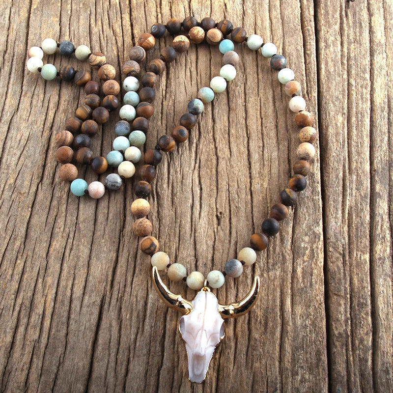 Fashion Bohemian Jewelry Sem Stone Knotted Horn Pendant Necklace For Women Boho Ethnic Necklace Gift
