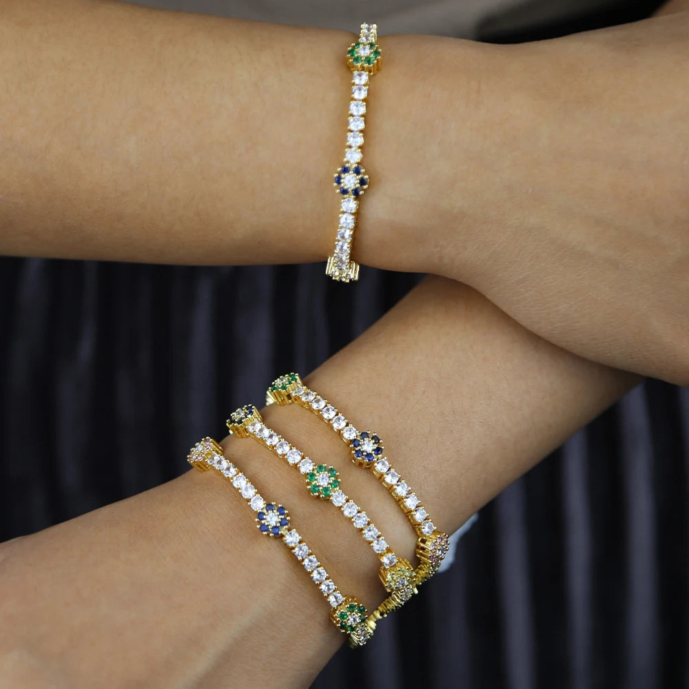 2025 Spring New Design Colorful Flower Charm White Black Rainbow CZ Tennis Chain Bracelet Women Fashion Jewelry