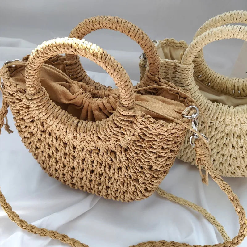 Summer Handmade Bags for Women Beach Weaving Ladies Straw Bag Wrapped Beach Bag Moon shaped Top Handle Handbags Totes
