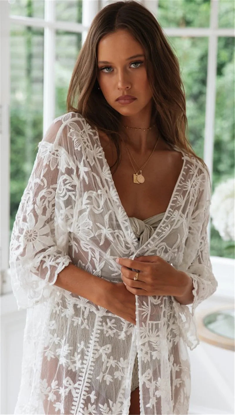 2024 Crochet White Knitted Beach Cover Up Dress Tunic Long Pareos Bikinis Cover Ups Swim Cover Up Robe Plage Beachwear