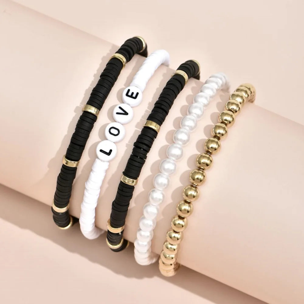 Fashion Rainbow Stackable Bracelets Set For Women Heart Charm Soft Clay Pottery Layering Beads Chain Bangle Female Boho Jewelry
