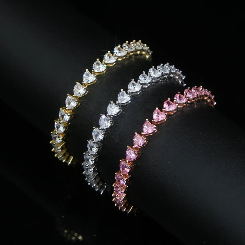 Iced Out Bling White Pink Heart Cubic Zirconia CZ Tennis Chain Bracelet 17cm 19cm 21cm Iced Out Bling Girlfriend Gift Jewelry