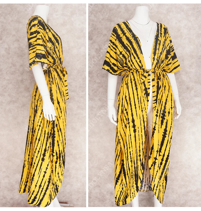 2023 Bikini Cover-ups Black Retro Striped Self Belted Women Summer Clothing Kimono Dress Beach Wear Swim Suit Cover Up Q1225