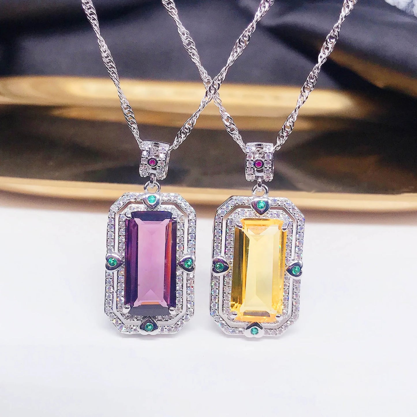Luxury Brazil Yellow/Purple Simulated Tourmaline Pendant Necklaces Women's Elegant Amethyst Rectangular Necklace For Women