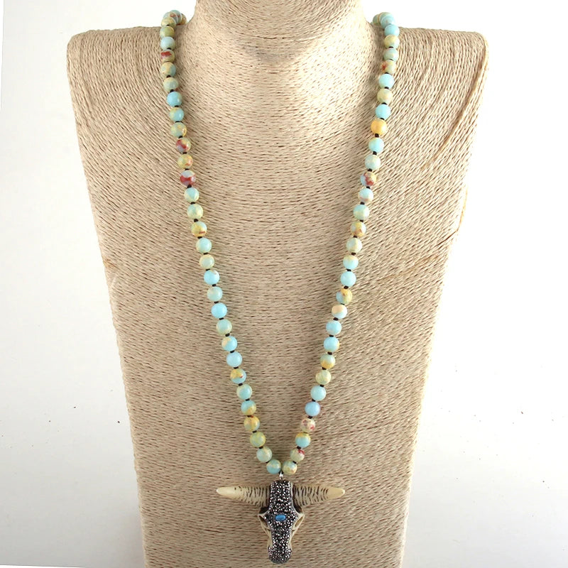RH Fashion Boho Jewelry Empire Stones Long Knotted Bull Head Pendant Necklaces Dropship