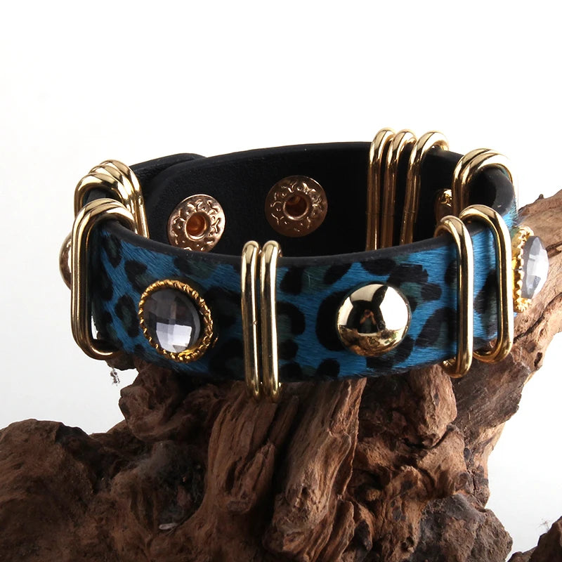 RH Fashion Boho Leather Armbander Goldcolor Metal Rectangle Real Leopard Horsetail Leather Bracelets For Women Gift DropShip