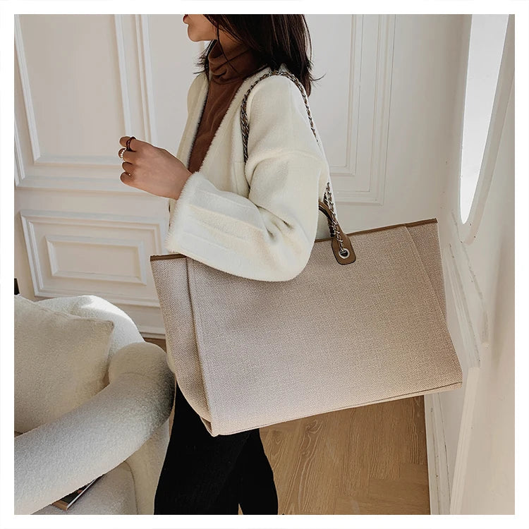 Women Tote Bag Fashion Canvas Large Capacity Handbag Casual Chains Shoulder Bags Ladies Big Messenger Bag Shopping Bag