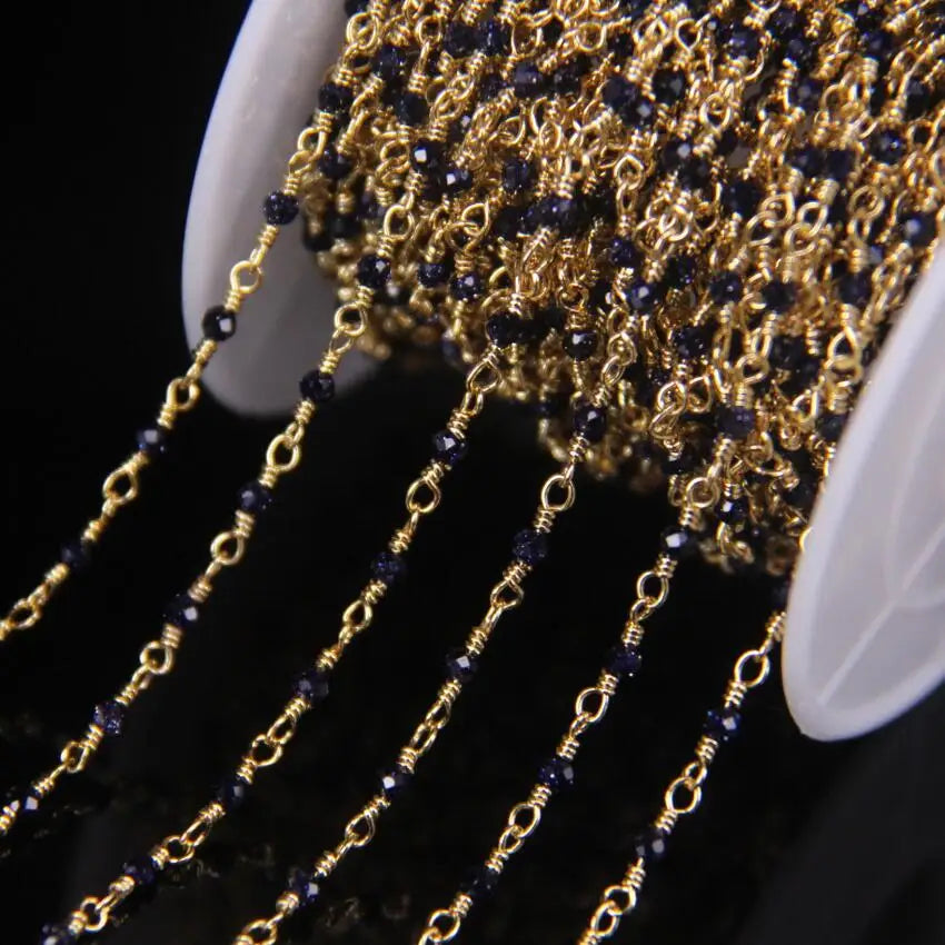 5Meter Natural Colorful Tourmaline 2mm Faceted Round Beads Rosary Chain,Gold Brass Wire Wrapped Necklace Bracelet Sweater Chains