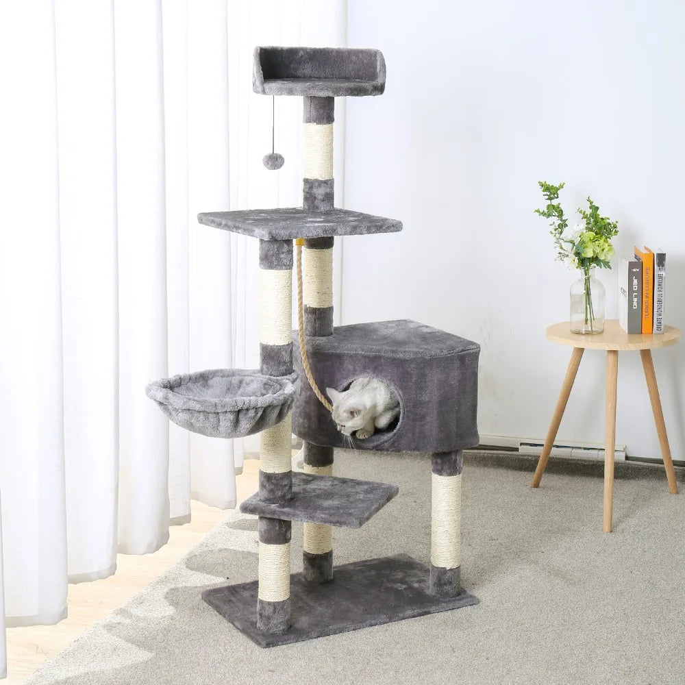 Pet Cat Tree House Condo Perch Entertainment Playground Stable Furniture for Kitten Multi-Level Tower for Large Cat Cozy Hommock