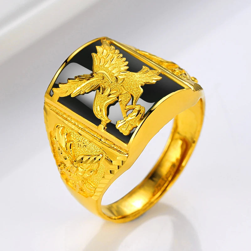 Punk Rock Eagle Men 's Ring Black Stone Gold Color Resizable To 7-11 Finger Jewelry Never Fade