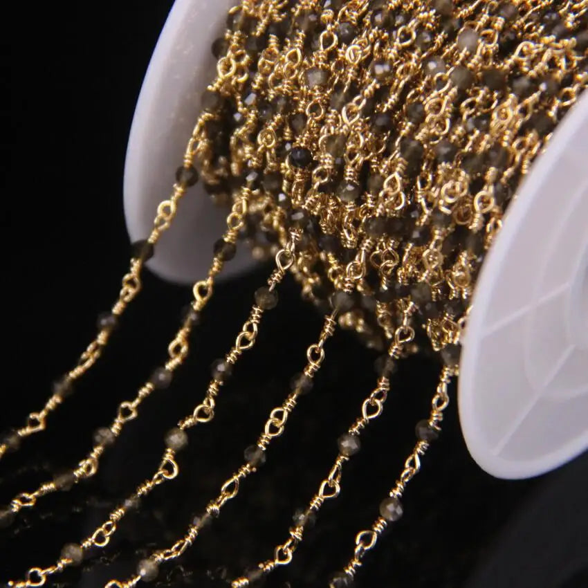 5Meter Natural Colorful Tourmaline 2mm Faceted Round Beads Rosary Chain,Gold Brass Wire Wrapped Necklace Bracelet Sweater Chains