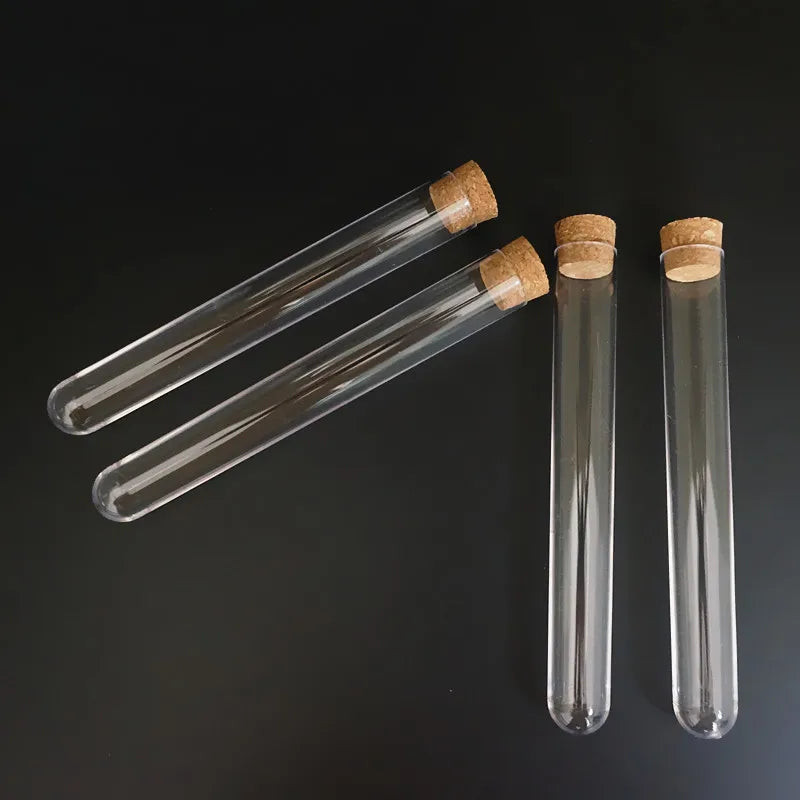 5pcs/lot 20x150mm Transparent Plastic Round Bottom Test Tubes With Cork Stopper For School/Laboratory