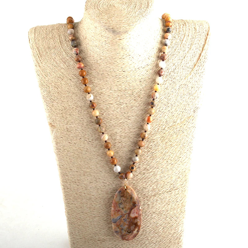 Fashion  Jewelry Natural Beads Long Knotted Semi Precious Pendant Necklaces For Women Bead necklace
