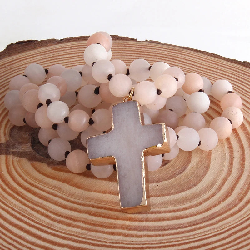 RH Fashion Bohemian Tribal Jewelry 8mm Natural Stones Knotted Stone Cross Pendant Necklaces Women Ethnic Necklace