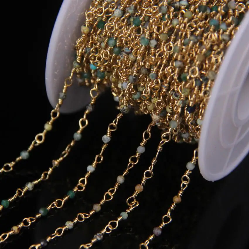 5Meter Natural Colorful Tourmaline 2mm Faceted Round Beads Rosary Chain,Gold Brass Wire Wrapped Necklace Bracelet Sweater Chains