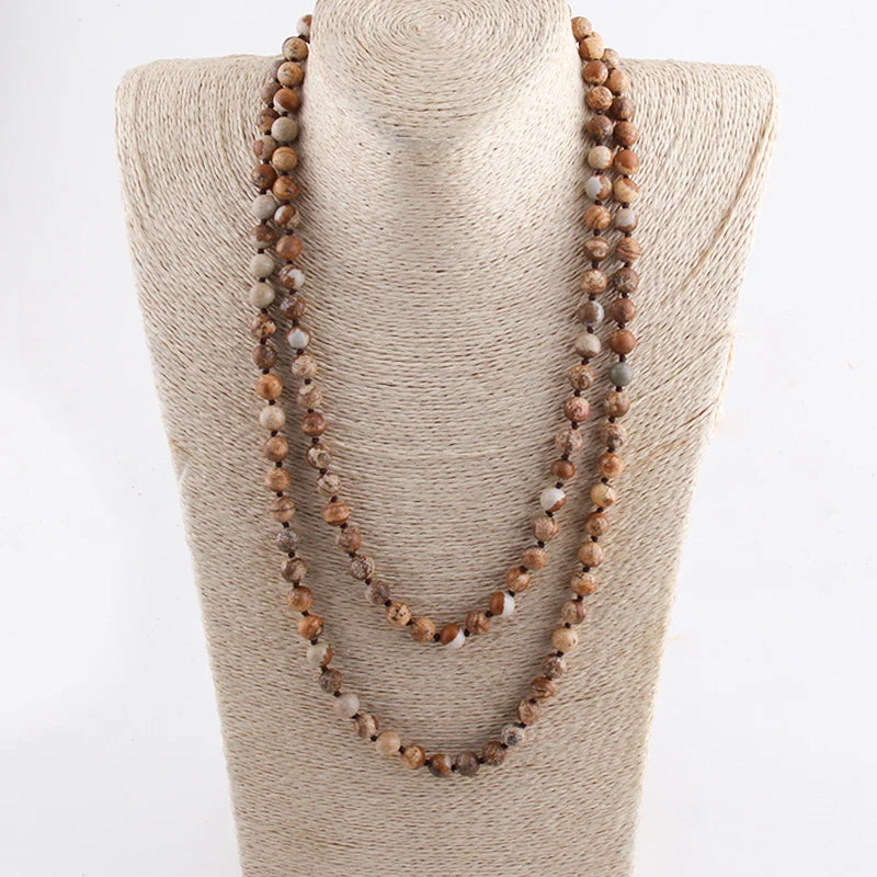 New Bohemian Jewelry long Knotted Halsband 8mm 125-128cm Double wrap Natural Stone Necklace