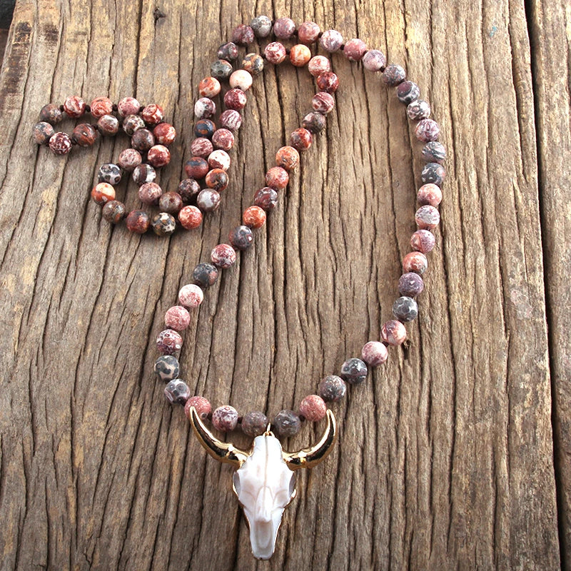 Fashion Bohemian Jewelry Sem Stone Knotted Horn Pendant Necklace For Women Boho Ethnic Necklace Gift
