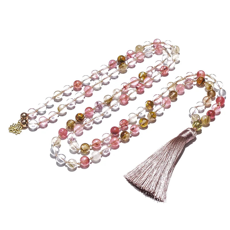 8mm Watermelon Tourmaline Japamala Necklace Meditation Yoga Tibetan Jewelry Bracelet Set 108 Beaded Rosary Golden Lotus Charm