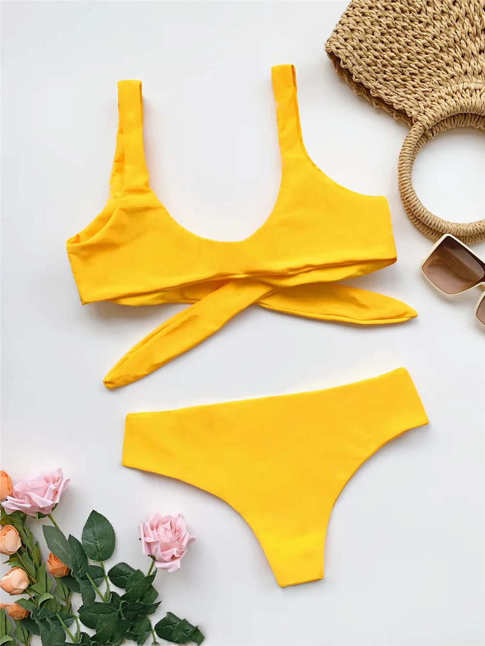 Sexy Front Knotted Bikinis Female Swimsuit High Waist Bikini Women Swimwear Two-pieces Bikini Set Bather Bathing Suit Swim Lady
