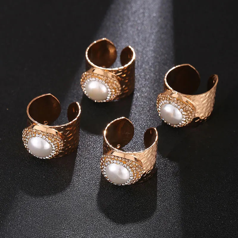 Micro Inlay Full Rhinestone Gold Plated Pearl Bride Engagement Wedding Open Ring Resizable