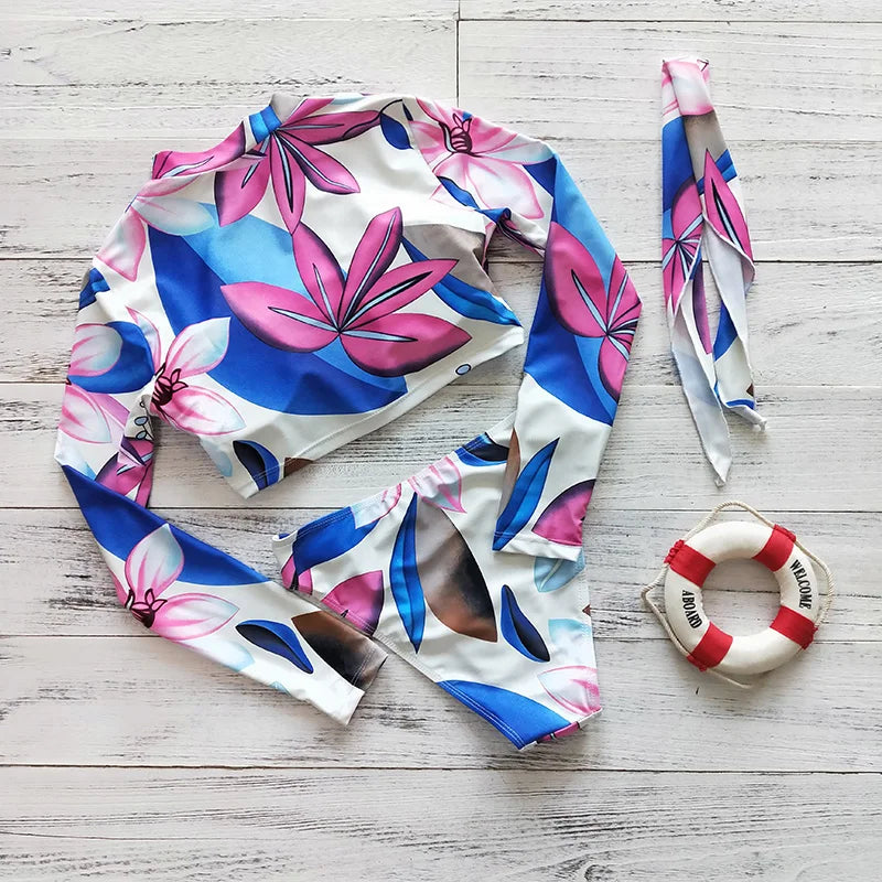2023 Sexy Long Sleeve Bikinis Women Swimsuit Green Leaves Print Bathing Suits Beachwear Brazilian Bikini Set Biquini Female