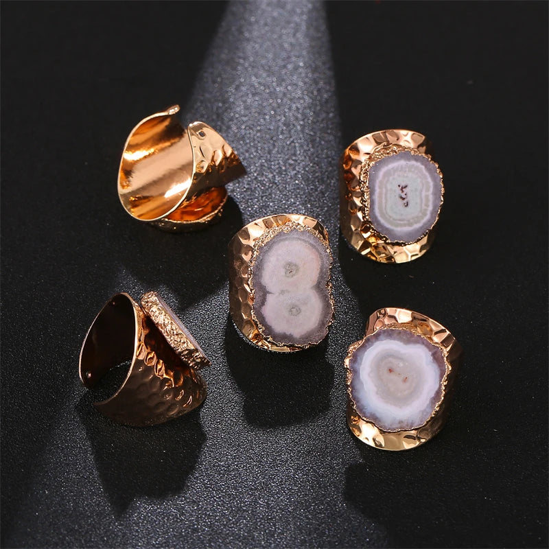 Boho Irregular Natural Stone Agate Slices Sunflower Wide Open Ring for Women Gold Plated Resizable Finger Jewelry