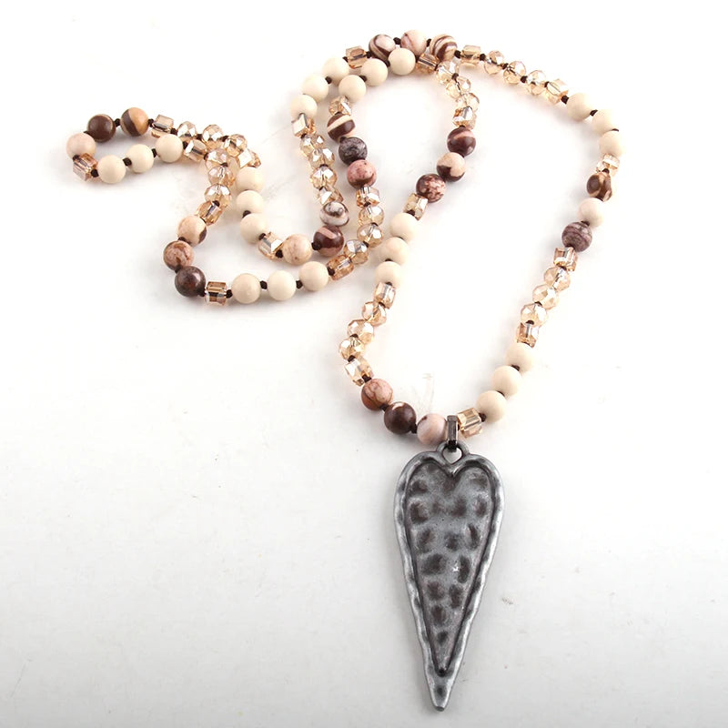 Fashion Bohemian Tribal Jewelry Multi Stone Beige Glass Long Knotted Black Metal Heart Pendant Necklaces