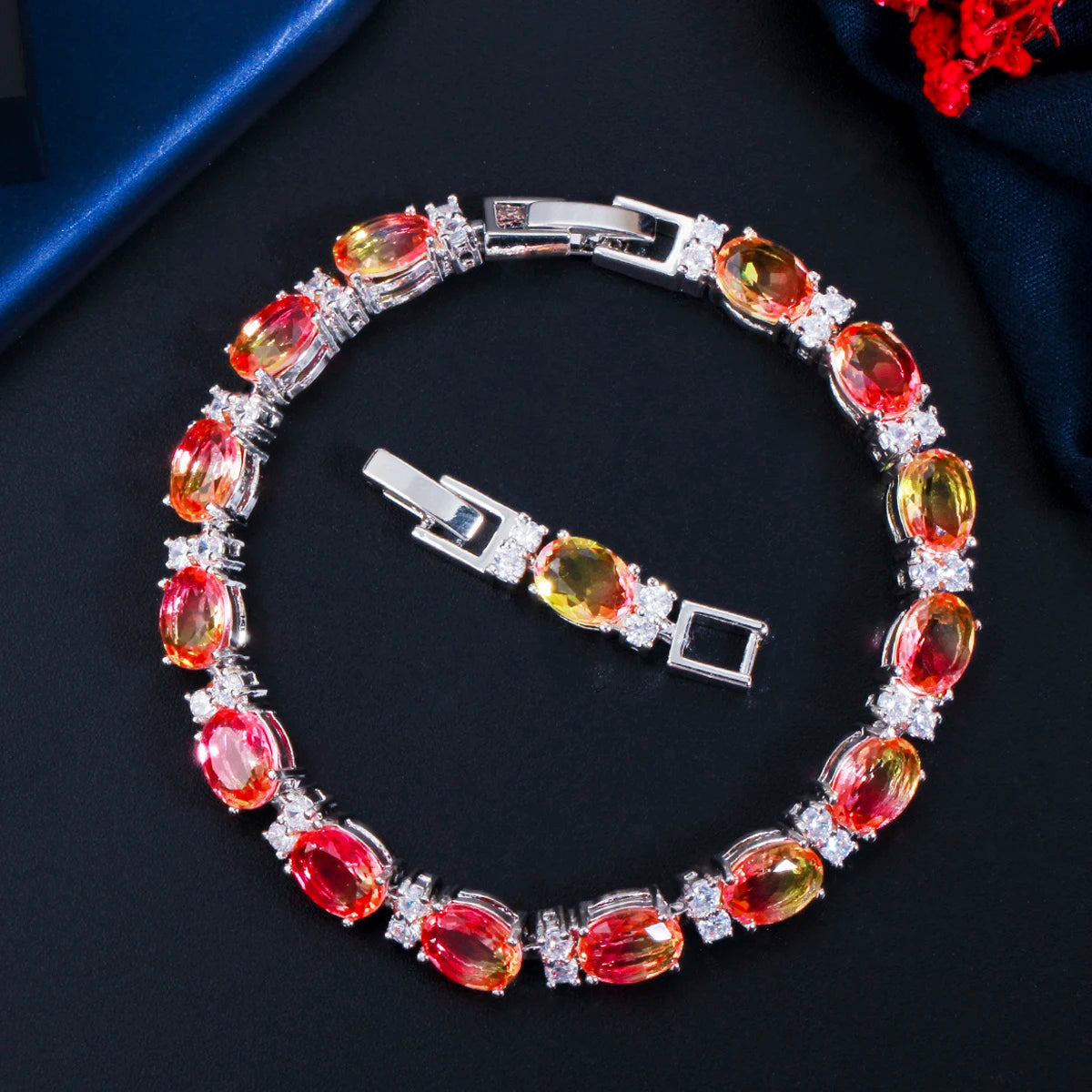 ThreeGraces Brilliant Multi Rainbow Cubic Zirconia Silver Color Wedding Colorful Bracelets for Women Fashion Party Jewelry BR147