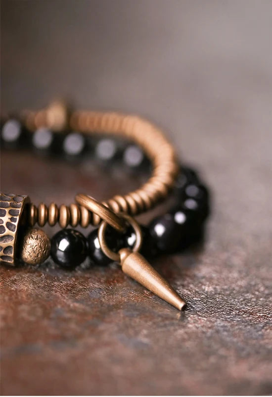 Rainbow Obsidian Beads Bracelet Hammered Brass Two Row  Health Unisex Jewelry for Women Unique Handmade Personalized Bracelet