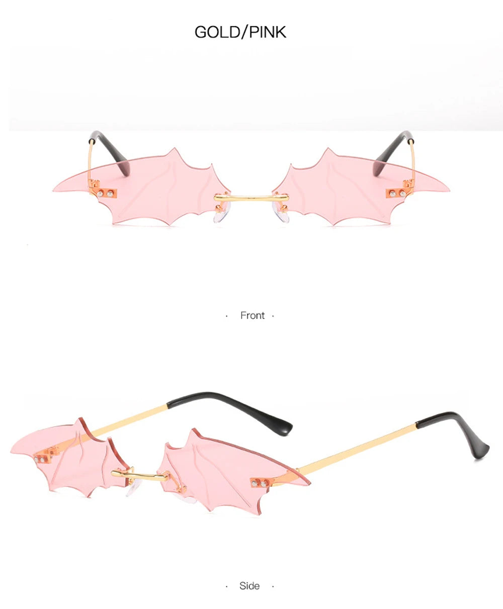 Fashion Rimless Men Sunglasses Women Trendy Bat Shaped Sun Glasses Female Male Vintage Black Mirror Shades Metal Oculos De Sol