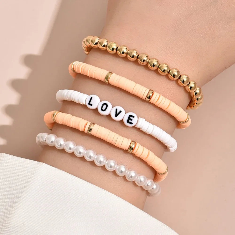 Fashion Rainbow Stackable Bracelets Set For Women Heart Charm Soft Clay Pottery Layering Beads Chain Bangle Female Boho Jewelry
