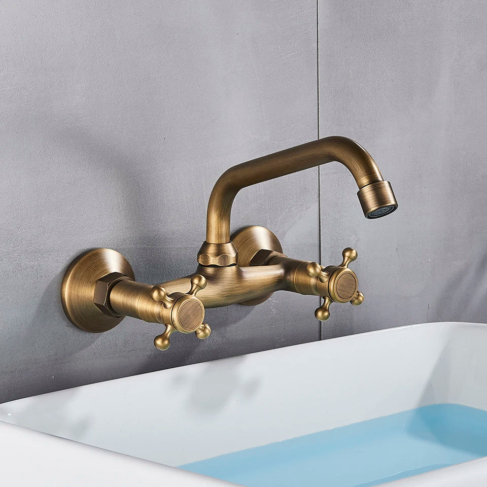 Antique Brass Kitchen Faucet Hot And Cold Water Mixer Faucets Wall Mounted Tap Vessel Sink Mixer Tap Swivel Spout Basin Mixer