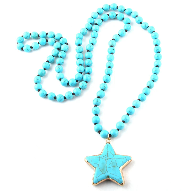 Fashion Bohemian Tribal Jewelry Turq/White Stone Long Knotted Pentagram Star Pendant Necklaces